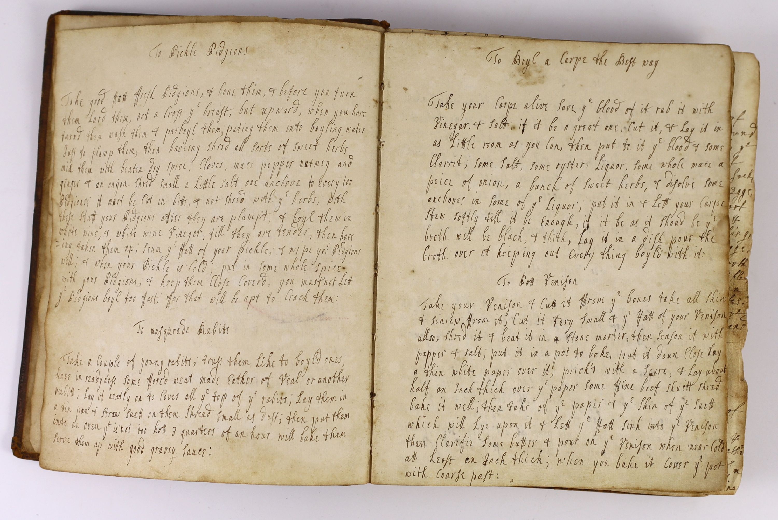 Early Eighteenth Century Manuscript Cookery. 'Eliz. Wood Her Booke. 1708'. 96pp. used (of 270), in a closely written hand, a contemp. panelled calf volume, med. 8vo.; Details some 190 'receipts' of main courses, desserts